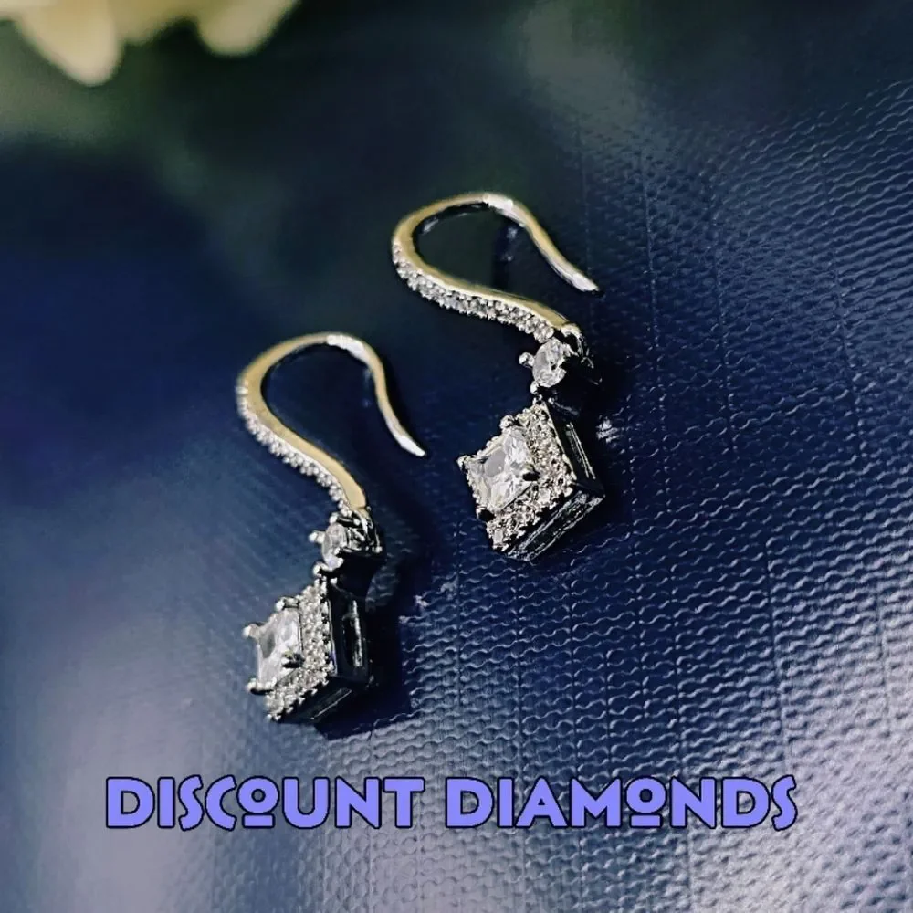 Princess Cut Clear White 2 Ct. Diamond Earrings on 925 Silver